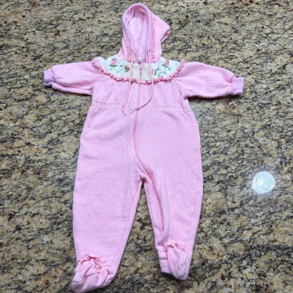 Vintage Pink Floral Embroidered Hooded Footed Coverall Baby Girl 6-9 Months